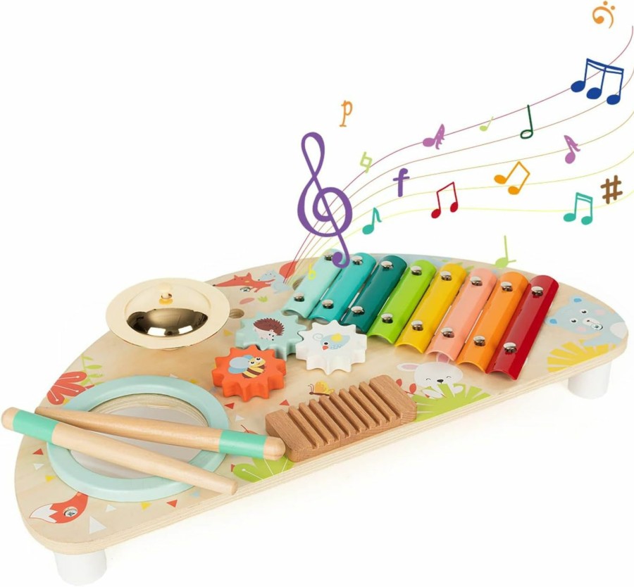 Baby & Toddler Rundad | Baby Toys Musical Instruments, Rundad All-In-One Wooden Montessori Musical Set For 1&2Y (Includes Xylophone Drum Cymbal Guiro Gears), Gifts For 1+ Year Old Girl Preschool