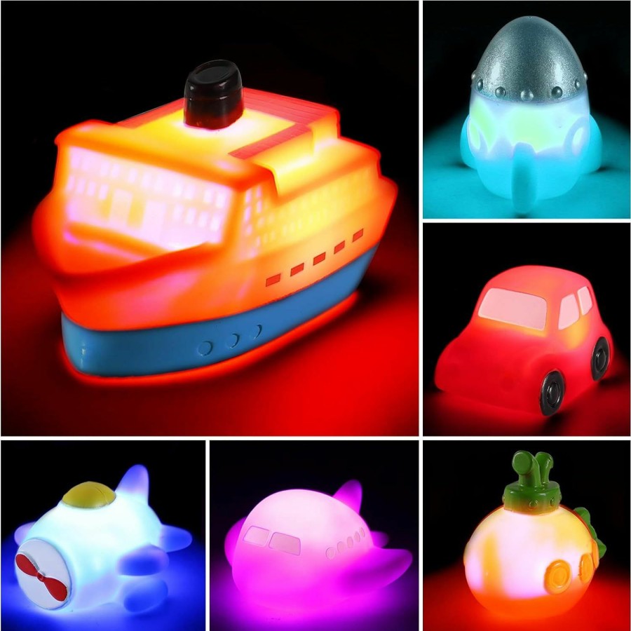 Baby & Toddler CHIMAGER | 6 Packs No Hole Boat Bath Toy Set, Light Up Changing Color In Water, Floating Rubber Bathtub Toys For Baby Toddler Infant Boy Girl Kid Play, Led Growing Pal In Shower Bathroom Tub Or Swimming Pool