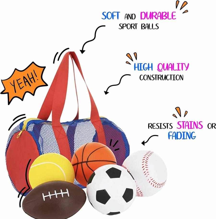 Baby & Toddler Neliblu | Neliblu Foam Sports Toys + Free Bag, Set Of 5 With Soccer Ball, Basketball, Football, Baseball And Tennis Ball - Perfect For Small Hands To Grab For Baby Kids, Toddlers 1-3