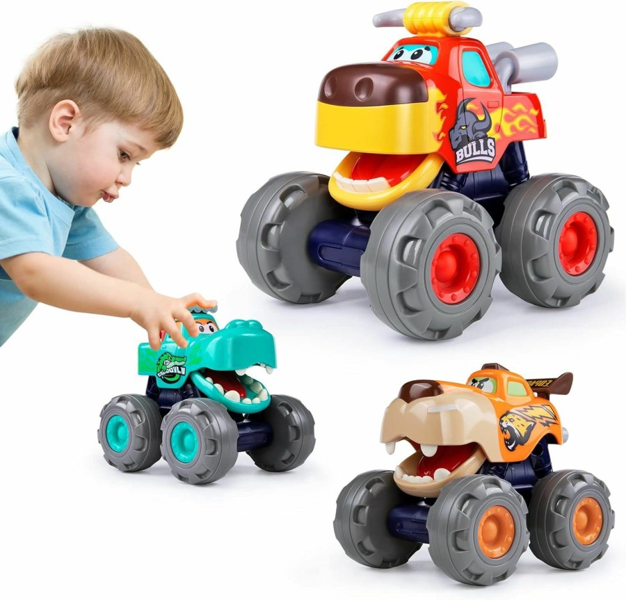 Baby & Toddler WITALENT | Toy Cars For 1 2 3 Year Old 3 Pack Monster Truck Toy Push & Go Crocodile Friction Powered Bull Pull Back Leopard Car Big Wheel Animal Car Baby Toy Gift For 12 18 Month Boys Girls Toddlers