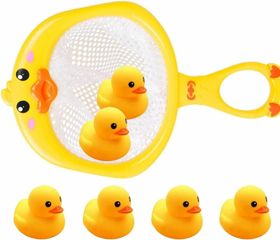 Baby & Toddler AIYUENCICI | Aiyuencici Bath Toy Baby Bathtub Duck Toy Set, 1 Pcs Ducky Animals Fishing Net With 6 Pcs Water Floating Sea Animals Duck Toys, Bathroom Floating Pool Fishing Play Set For Toddler Kids (Duck)