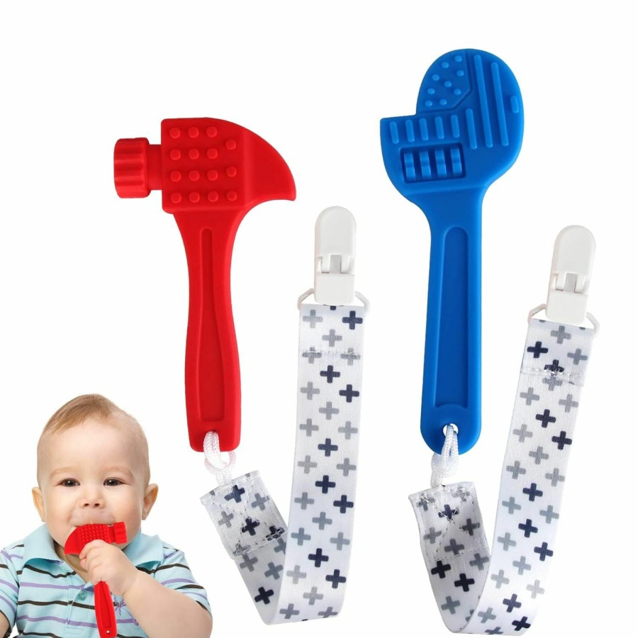 Baby & Toddler Fu | Fu Store 4 Pack Soft Silicone Teething Toys For Toddlers Infant Hammer Spanner Wrench Pliers Tools Shape Baby Teethers Relief Soothe Babies Gums Set (Hammer Set)