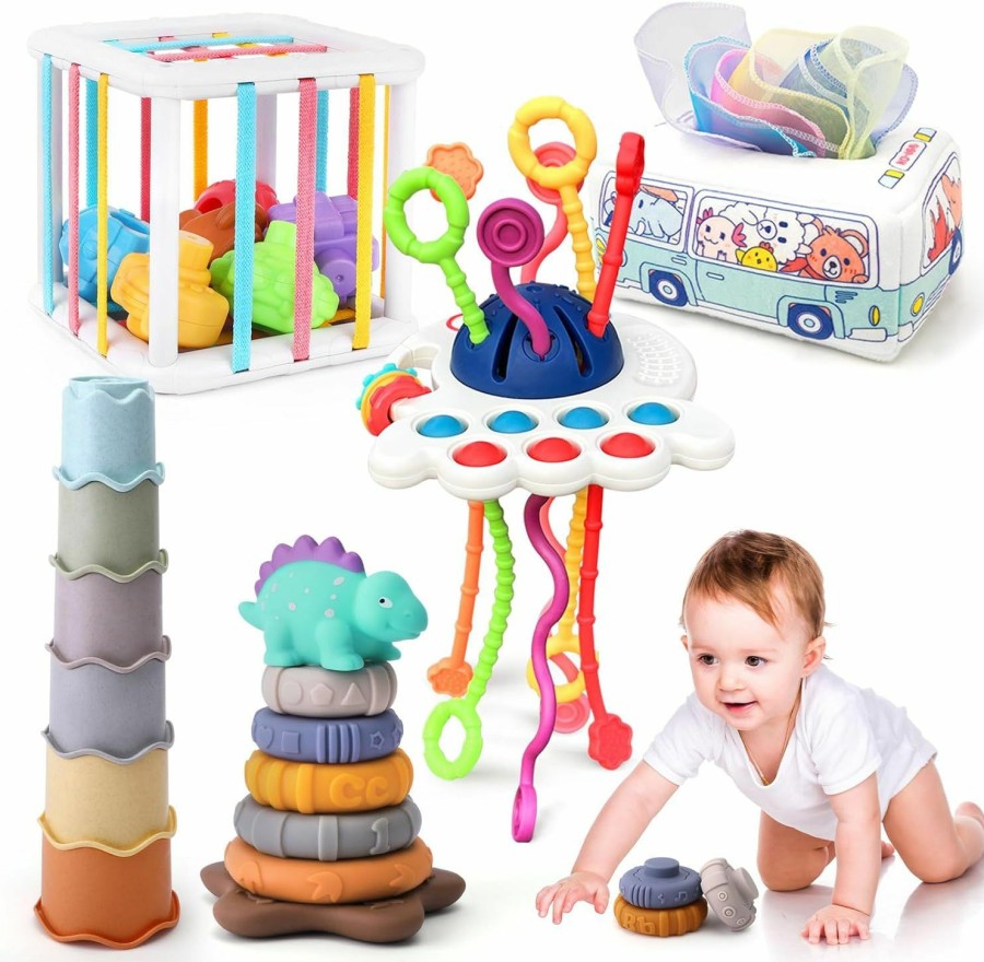 Baby & Toddler Syahro | 5 In 1 Baby Montessori Toys Set Include Shape Sorter Bin With Sound, Baby Tissue Box, Stacking Cups, Pull String Toy, Soft Stacking Rings, Sensory Toys For Infants Toddlers