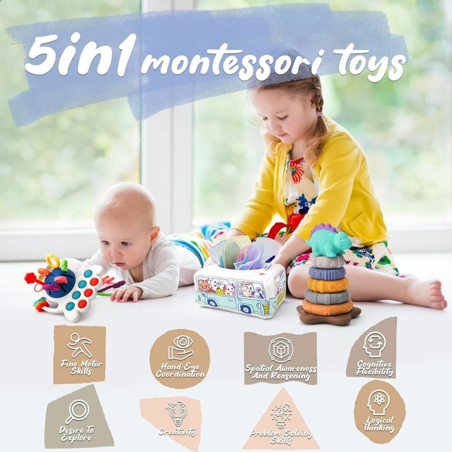 Baby & Toddler Syahro | 5 In 1 Baby Montessori Toys Set Include Shape Sorter Bin With Sound, Baby Tissue Box, Stacking Cups, Pull String Toy, Soft Stacking Rings, Sensory Toys For Infants Toddlers