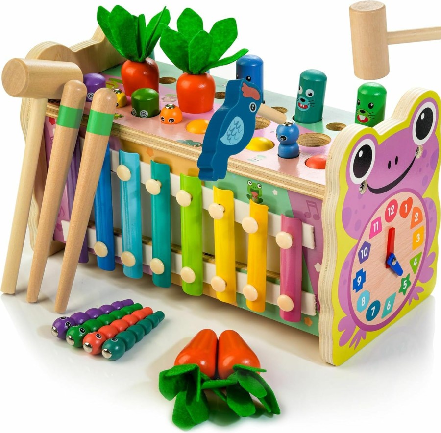 Baby & Toddler Amtreen | Amtreen 6 In 1 Wooden Montessori Toys For 1 Year Old, Whack-A-Mole Hammering Pounding Toy With Xylophone, Woodpecker, Carrot Harvest Game, Educational Toddler Activities Gift For Ages 1-4