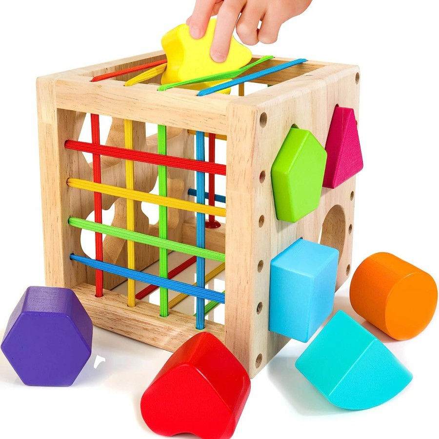 Baby & Toddler HELLOWOOD | Hellowood Montessori Toys For 1+ Year Old, Wooden Sorter Cube With 8Pcs Rattling Shapes, Developmental Learning Toy Gifts For Baby Girls Boys 6-12-18 Months, Gift Packaging