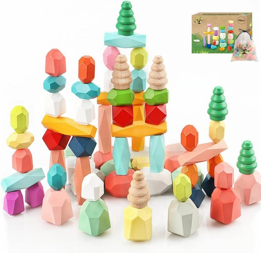 Baby & Toddler BigShu | 48Pcs Wooden Stacking Building Blocks Montessori Toys For 1 2 3 4 5 6 Year Old Girls Boys Preschool Educational Sensory Toys For Toddlers 1-3 Stem Learning Toys Ages 2-4 Kids Games Gift