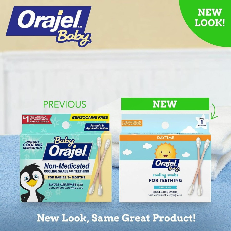 Baby & Toddler Orajel | Orajel Baby Daytime Cooling Swabs For Teething, Drug-Free, 1 Pediatrician Recommended Brand For Teething*, 12 Swabs In Carrying Case(Packing May Vary)