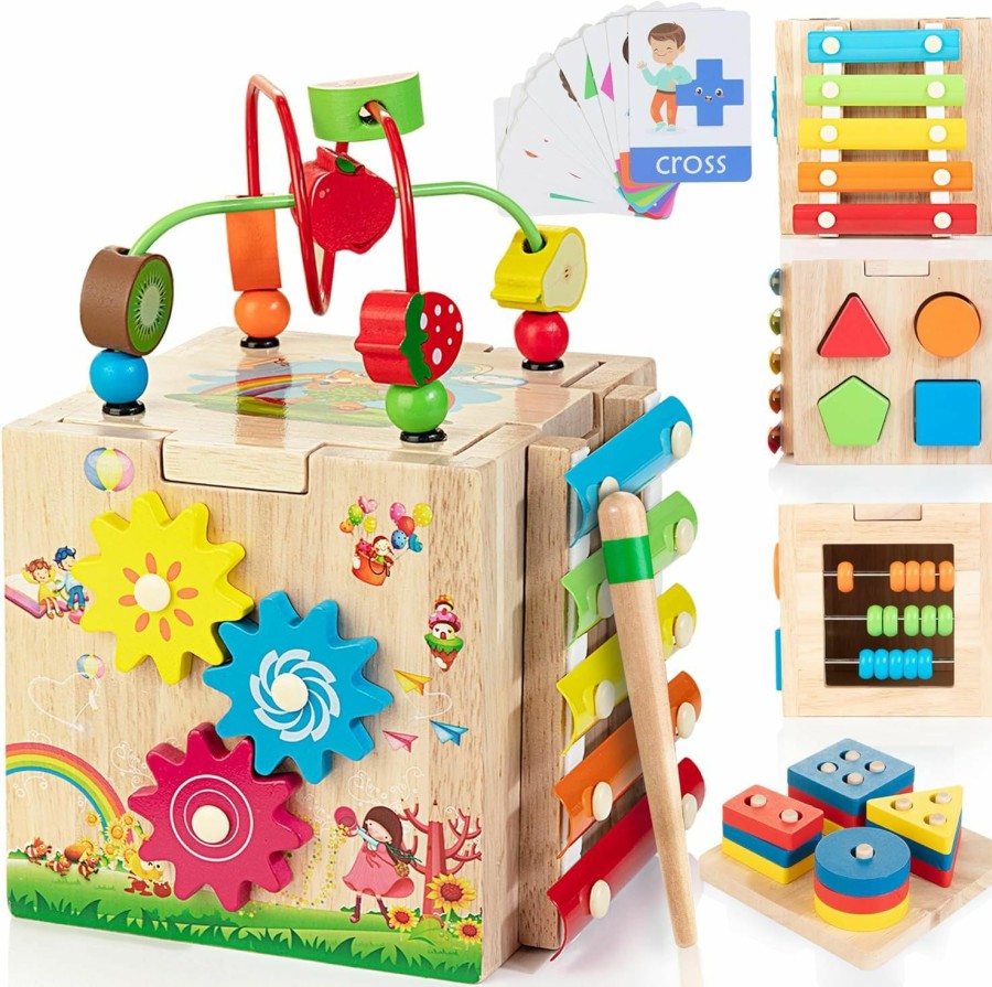 Baby & Toddler Bravmate | Bravmate Wooden Activity Cube | 8-In-1 Montessori Toys For 18M+ Toddlers, One Year Old First Birthday Gift, Baby Toy Set With Bonus Sorting & Stacking Board