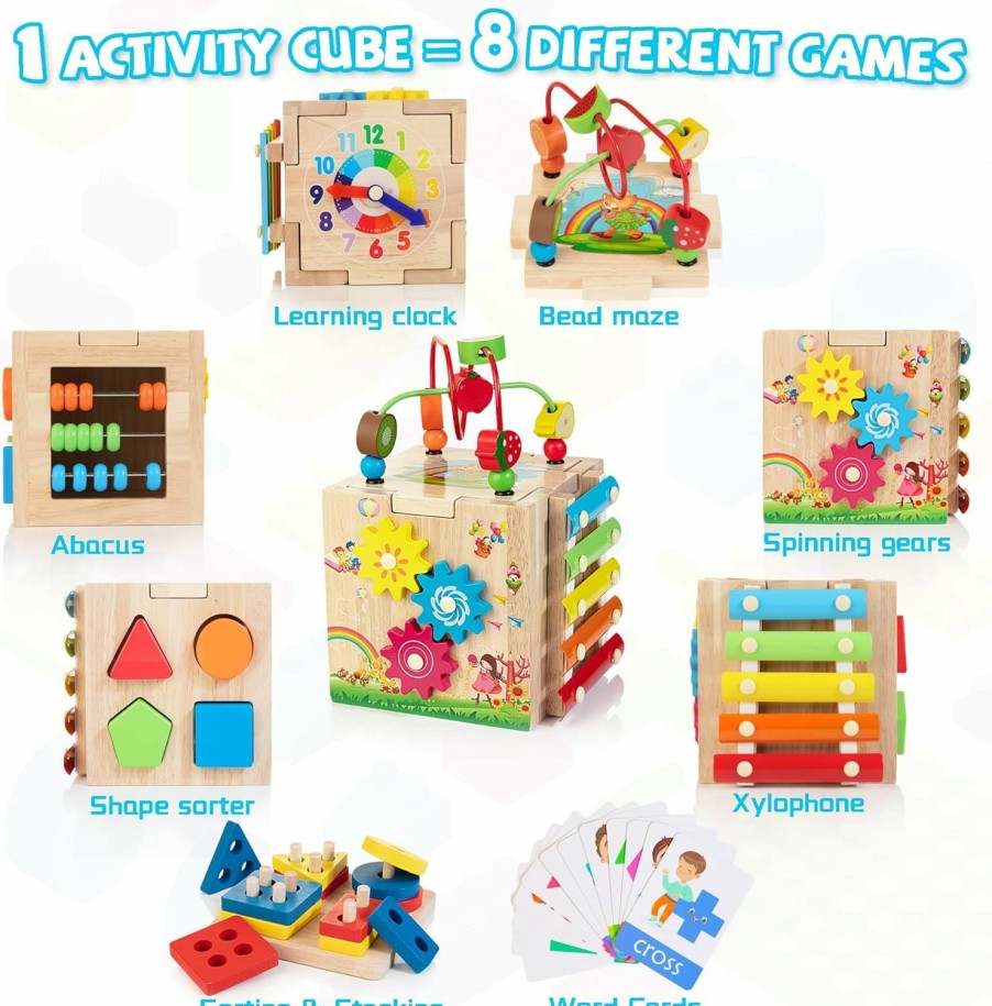 Baby & Toddler Bravmate | Bravmate Wooden Activity Cube | 8-In-1 Montessori Toys For 18M+ Toddlers, One Year Old First Birthday Gift, Baby Toy Set With Bonus Sorting & Stacking Board