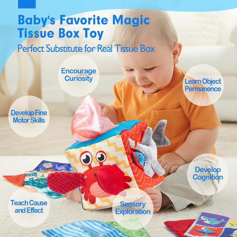 Baby & Toddler hahaland | Hahaland Baby Tissue Box Toy - Baby Toys 6-12 Months Montessori Toys For 6 Month Old Toys With Textured Tails, Cloth Tissues, Crinkle, Squeaky Sounds, Mirror - Baby Easter Basket Stuffers