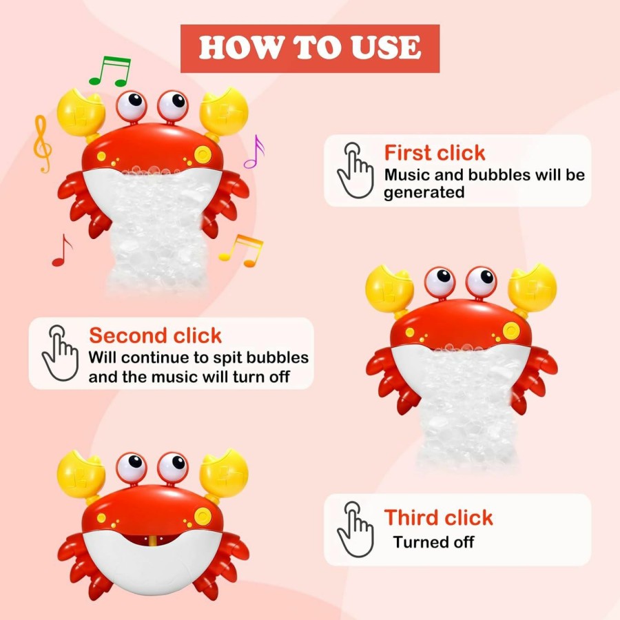 Baby & Toddler YUISTRE | Yuistre Crab Bubble Machine Bath Toy:Bath Bubble Maker,Blow Bubbles And Plays Children'S Songs,Bath Toys For Toddlers 1-3,Battery Operated (Red)