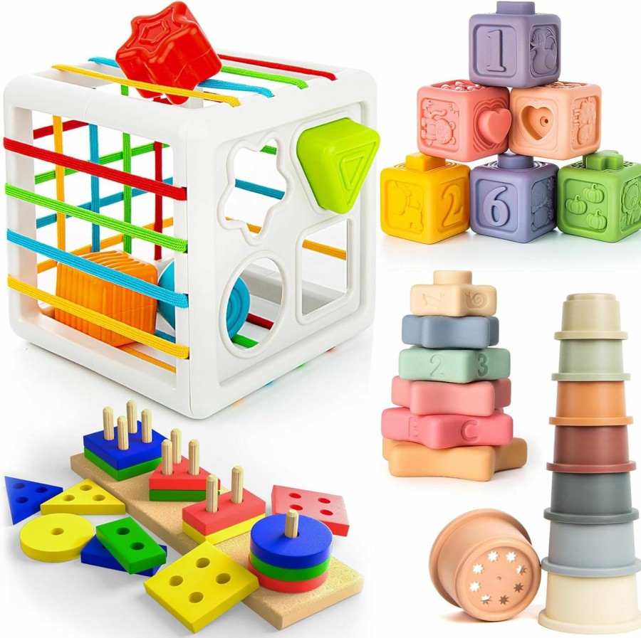 Baby & Toddler Somastung | 5 In 1 Montessori Toys For Toddlers 1-3, 42 Pcs Soft Kids Infant Sensory Teething Baby Toy For 6-12 Months, Educational Learning Color & Shape Sorting And Stacking Cups/Stars/Cube/Bin/Wooden