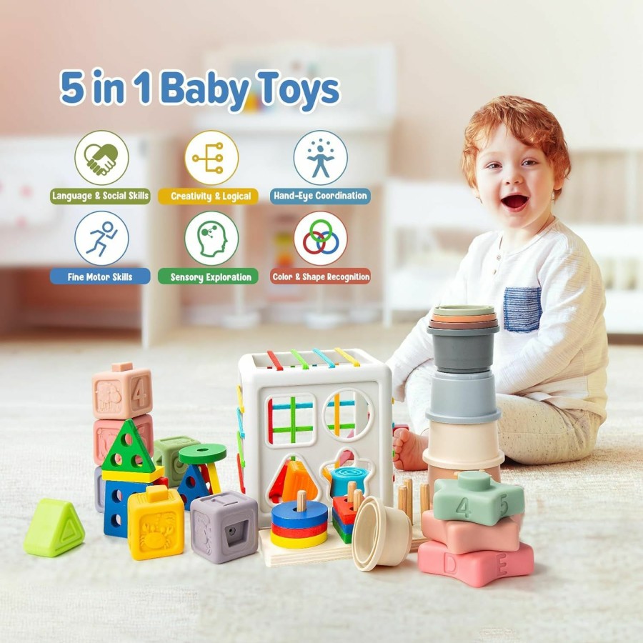 Baby & Toddler Somastung | 5 In 1 Montessori Toys For Toddlers 1-3, 42 Pcs Soft Kids Infant Sensory Teething Baby Toy For 6-12 Months, Educational Learning Color & Shape Sorting And Stacking Cups/Stars/Cube/Bin/Wooden