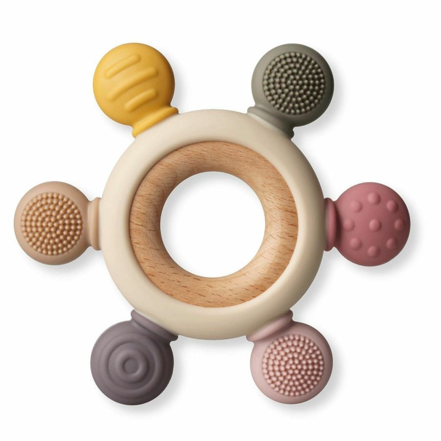 Baby & Toddler Kalovin | Baby Teething Toys, Silicone Chewable Teethers With Wooden Ring For Soothing Babies Gums, Rudder Chewers Shower Gift For Lnfants & Toddlers, 4+ Months (6 Directions, Gray)