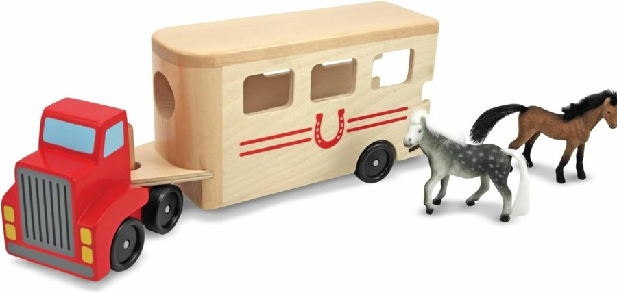 Baby & Toddler Melissa & Doug | Melissa & Doug Horse Carrier Wooden Vehicle Play Set With 2 Flocked Horses And Pull-Down Ramp - Horse Figures, Wooden Horse Trailer Toy For Kids Ages 3+