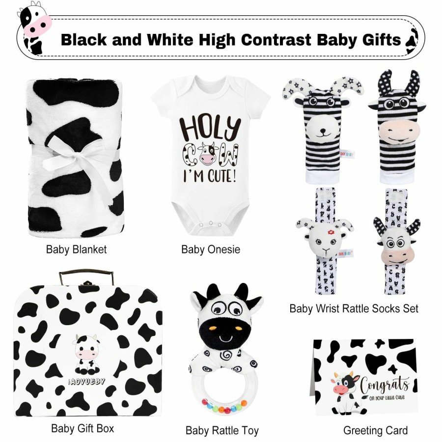 Baby & Toddler iAOVUEBY | Iaovueby Baby Gift Set, Baby Shower Gifts, Black And White High Contrast Baby Toys 0-6 Months For Newborn Essentials Infant Rattle Socks Elephant Toys Blanket Onesies Baby Gift Basket For Girls Boys