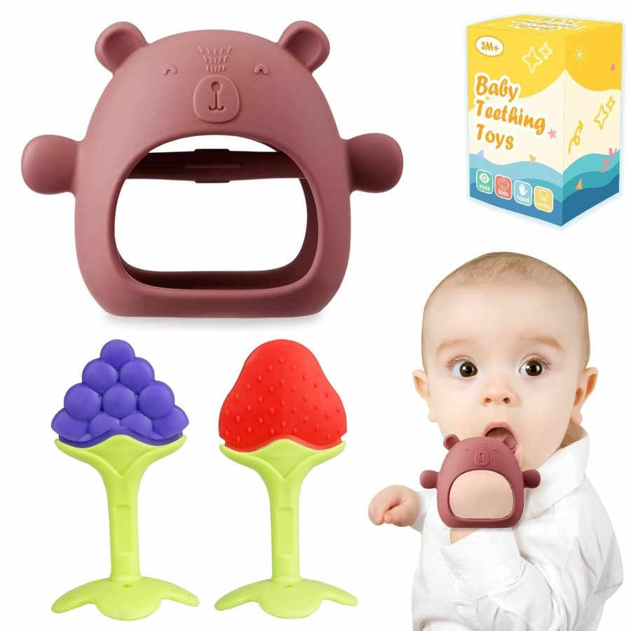 Baby & Toddler Auliand | Baby Teething Toys, 3 Pcs Teethers Set For 0-6, 3-6 Months & 6-12 Months, Baby Essentials, Infant Toys, Baby Chew Toys Set Food Grade Silicone, Bear Shape Teething Toy Fruit Shape Teether Set