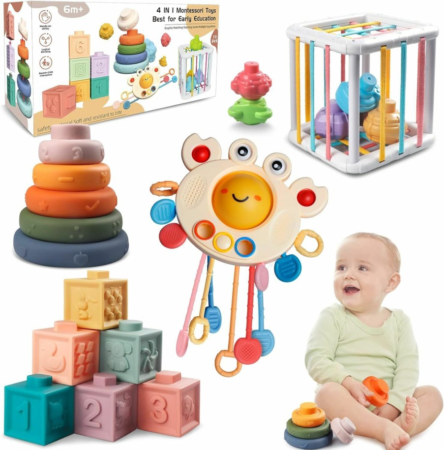 Baby & Toddler Wuzhineisn | Montessori Baby Toys For Ages 6-18 Months - Pull String Teether, Stacking Blocks, Sensory Shapes & Storage Bin, Infant Bath Time Fun, 4 In 1 Toddlers Toy Gifts For 1 2 3 Year Old Boys Girls