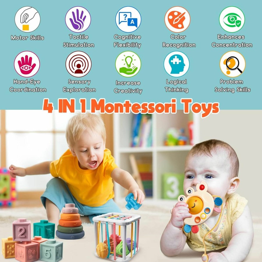 Baby & Toddler Wuzhineisn | Montessori Baby Toys For Ages 6-18 Months - Pull String Teether, Stacking Blocks, Sensory Shapes & Storage Bin, Infant Bath Time Fun, 4 In 1 Toddlers Toy Gifts For 1 2 3 Year Old Boys Girls