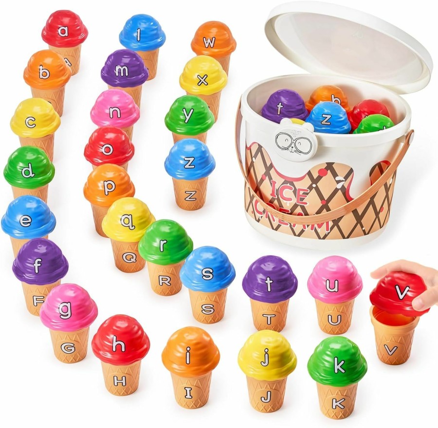 Baby & Toddler JoyCat | Joycat Ice Cream Alphabet Learning Toys And Color Sorting Game For Toddlers - 52 Pieces, Montessori Stacking Fine Motor Skills Toys, Upper And Lower Case Alphabet Matching Toys With Storage Tub