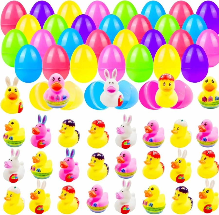 Baby & Toddler Cherislpy | 30 Pcs Prefilled Easter Eggs With Bunny Duckies,Bright Colorful Easter Eggs Prefilled With Variety Duckies For Fun Bath Bunny Duckies, Easter Basket Stuffers And Bathtub Toys Party Favors