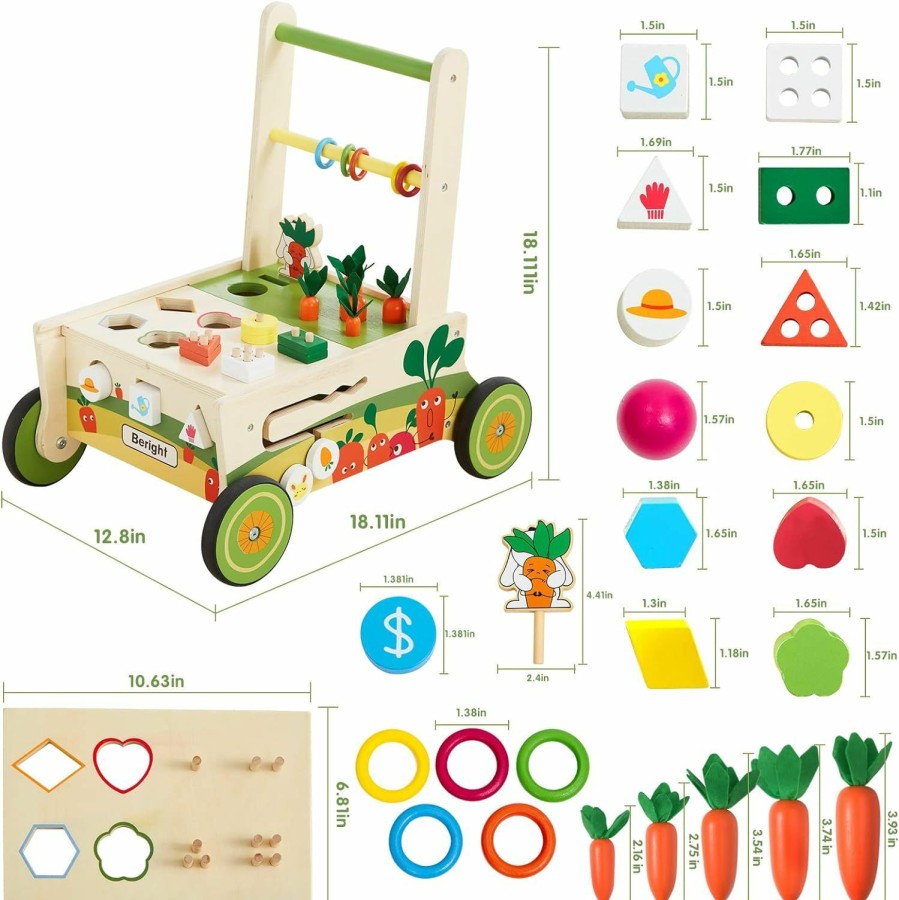 Baby & Toddler Beright | Beright 12-In-1 Wooden Baby Walker, Push And Pull Learning Activity Walker, Multiple Activities Center, Shape Sorting, Grocery Cart Push Toy And Puzzles, Develops Motor Skills & Stimulates