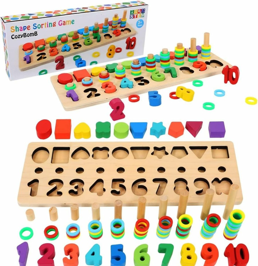 Baby & Toddler CozyBomB | Cozybomb Wooden Number Puzzle Sorting Montessori Toys For 1 Year Old Toddlers - Shape Sorter Counting Game For Age 3 4 5 Year Olds, Preschool Education Math Stacking Block Learning Wood Chunky Jigsaw