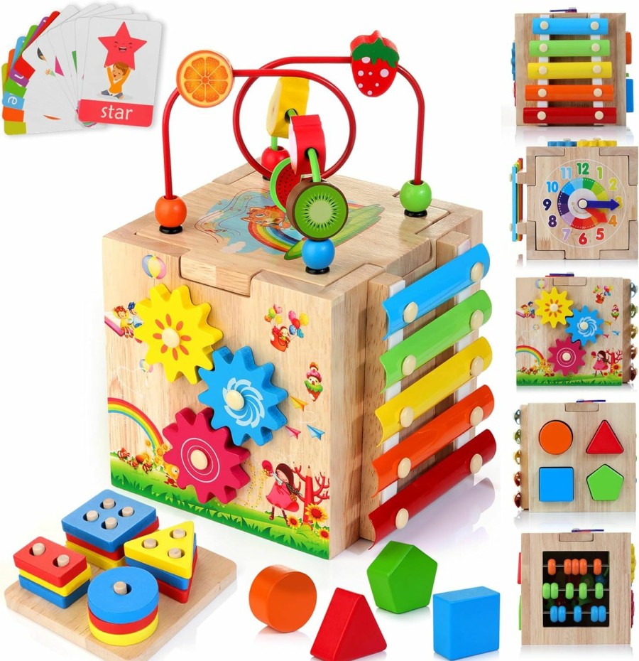 Baby & Toddler HELLOWOOD | Hellowood Wooden Activity Cube, 8-In-1 Montessori Toys For 1+ Year Old Boys & Girls, Educational Learning Toys For Toddlers Age 1-2, First Birthday Gift | Bonus Sorting & Stacking Board And Word Cards