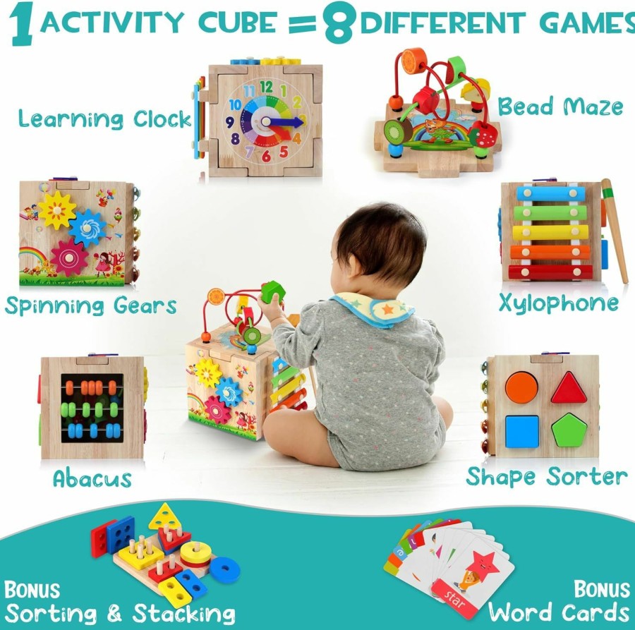 Baby & Toddler HELLOWOOD | Hellowood Wooden Activity Cube, 8-In-1 Montessori Toys For 1+ Year Old Boys & Girls, Educational Learning Toys For Toddlers Age 1-2, First Birthday Gift | Bonus Sorting & Stacking Board And Word Cards