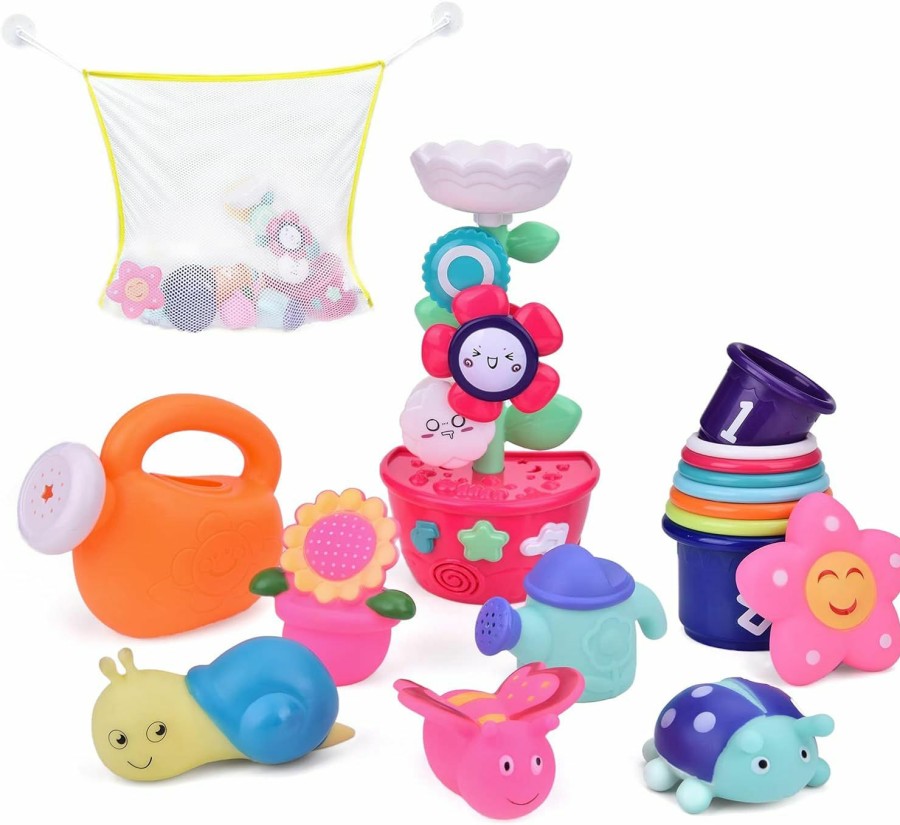 Baby & Toddler FUN LITTLE TOYS | 16 Pcs Bath Toys For Toddlers, Flower Waterfall Water Station Garden Squirter Toys, Stacking Cups Watering Can, Bath Toy Organizer Included For Kids Toddlers