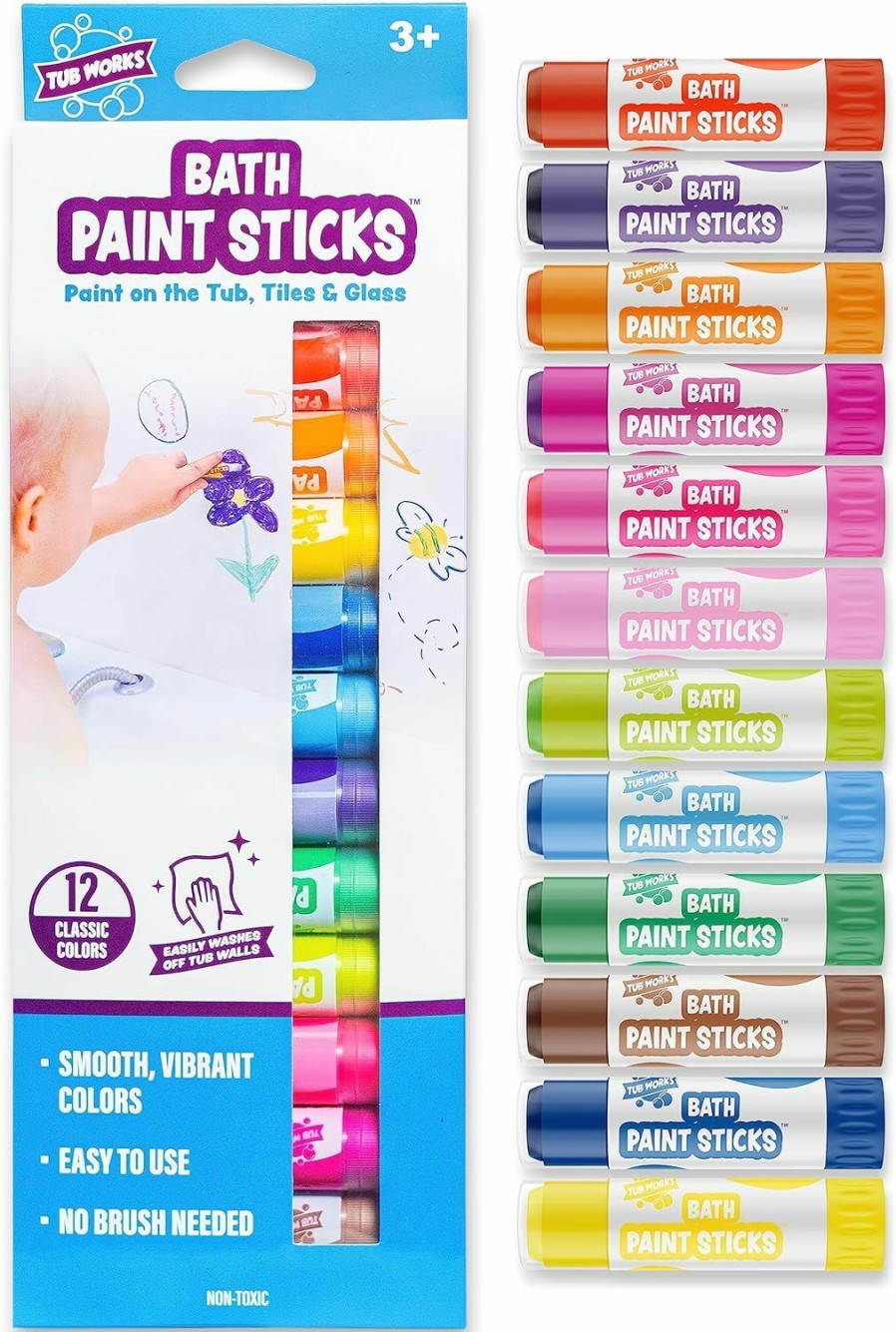 Baby & Toddler Tub Works | Tub Works Bath Paint Sticks Bath Toy, 12 Count | Nontoxic, Washable Bathtub Paint For Kids & Toddlers | Twistable Sticks Draw Smoothly On Tub Walls | Smooth, Vibrant Alternative To Bath Crayons