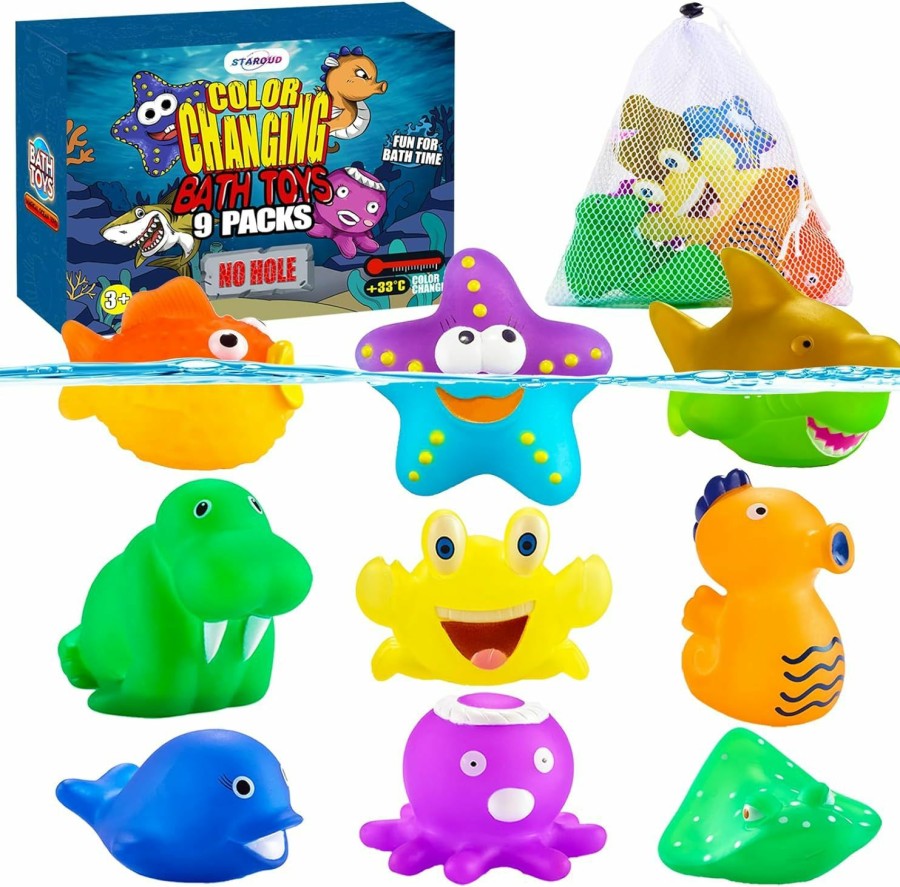 Baby & Toddler Staroud | Color Changing Mold Free Bath Toys For Kids Toddlers, Color Change Sea Creatures Ocean Animal Toys With Drying Bag(9 Pack), No Hole No Mold Baby Bath Toys Water Toys Floating Fish Toys