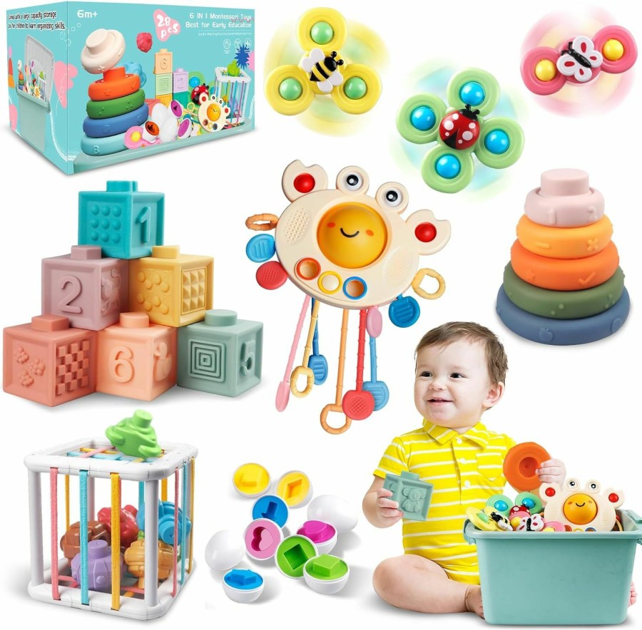 Baby & Toddler Weilim | Baby Toys For 6 To 12 Months, Montessori Sensory Bins Toys For Toddlers 1-3, Pull String Teether Infants Bath Toys 6 In 1 Stacking Blocks Rings, Matching Eggs, Suction Cup Spinner Toy