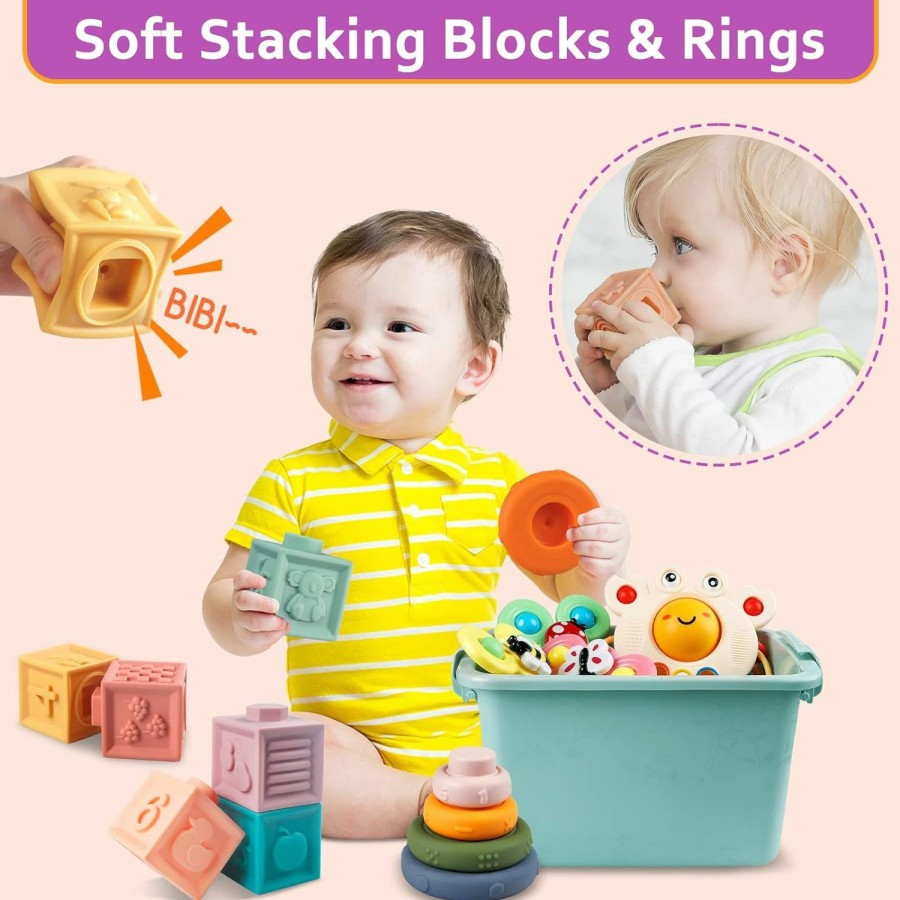 Baby & Toddler Weilim | Baby Toys For 6 To 12 Months, Montessori Sensory Bins Toys For Toddlers 1-3, Pull String Teether Infants Bath Toys 6 In 1 Stacking Blocks Rings, Matching Eggs, Suction Cup Spinner Toy