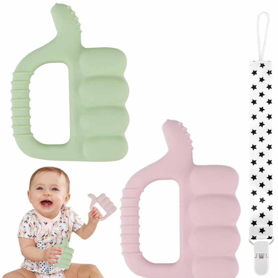 Baby & Toddler Fu | Fu Store Textured Thumb Up Silicone Teether 2 Pack-Sensory Exploration And Teething Relief With Easy To Hold Handle, Cute Infant Shower Gift Chew Toy For Babies (Pink & Green)