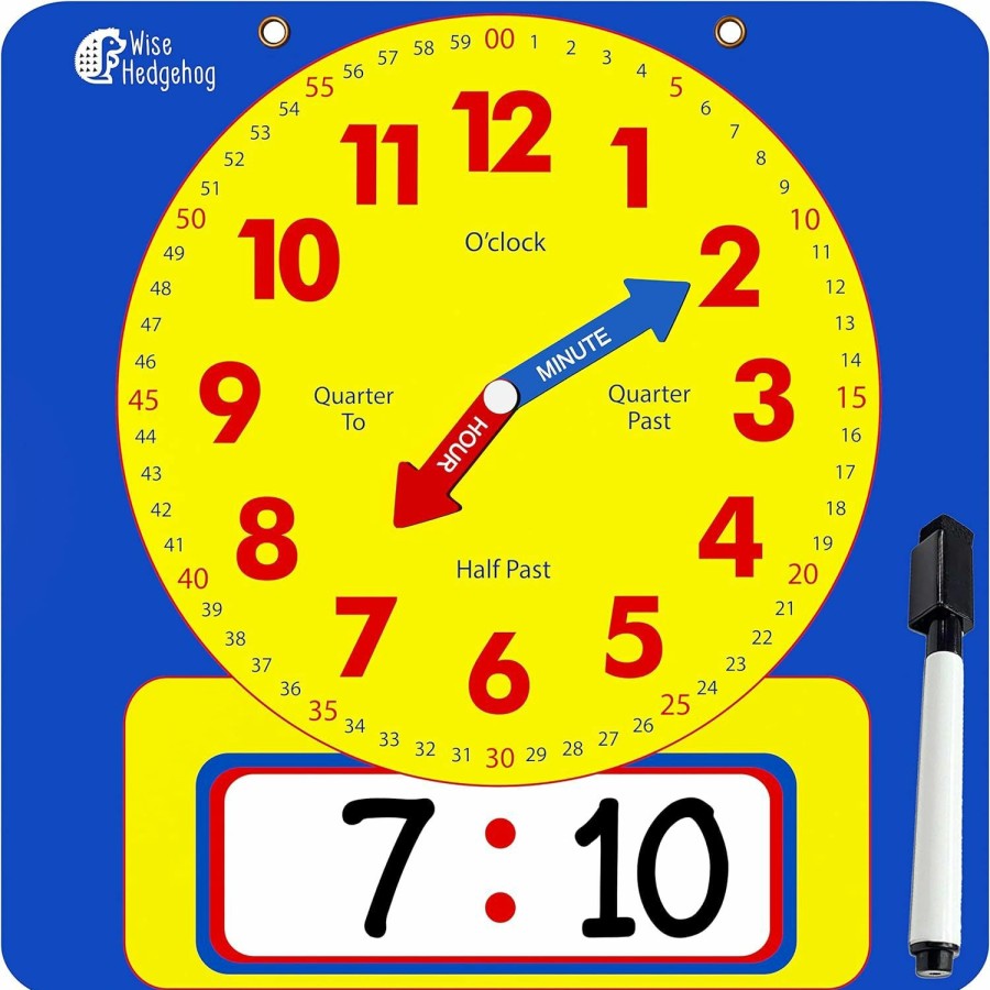 Baby & Toddler WISE HEDGEHOG | Large Dry Erase Magnetic Teaching Demonstration Clock, Kids Telling Time Learning Clock For Analog And Digital Time, Labelled Minute & Hour Hands, For School Classrooms & Homeschool Supplies