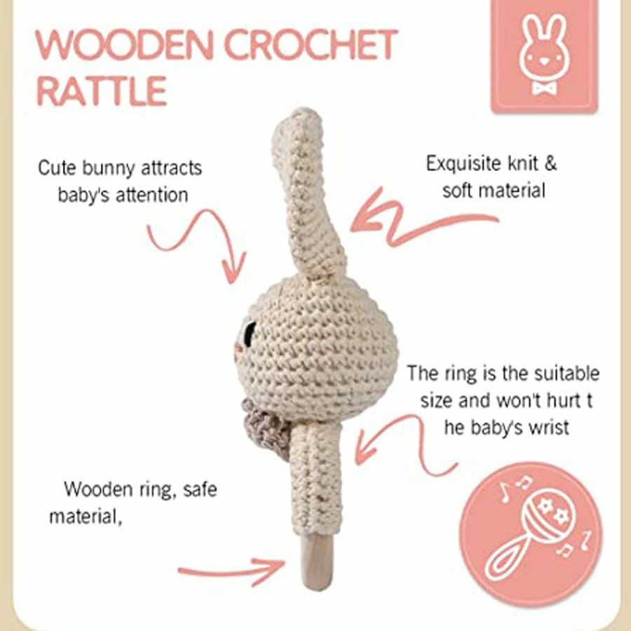 Baby & Toddler bopoobo | Wooden Baby Rattle Crochet Bunny Baby Toys Handmade Newborn Toy Early Development Grips Stuffed Animal Organic Rattle