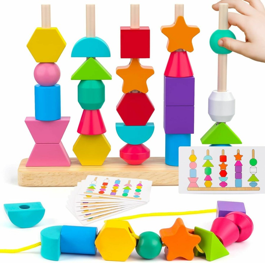 Baby & Toddler Hieoby | Montessori Wooden Beads Sequencing Toy Set, Stacking Blocks & Lacing Beads & Matching Shape Stacker For 2 3 4 5 Year Old Stem Preschool Learning Montessori Toys Gifts For Kids Boy Girl Toddler