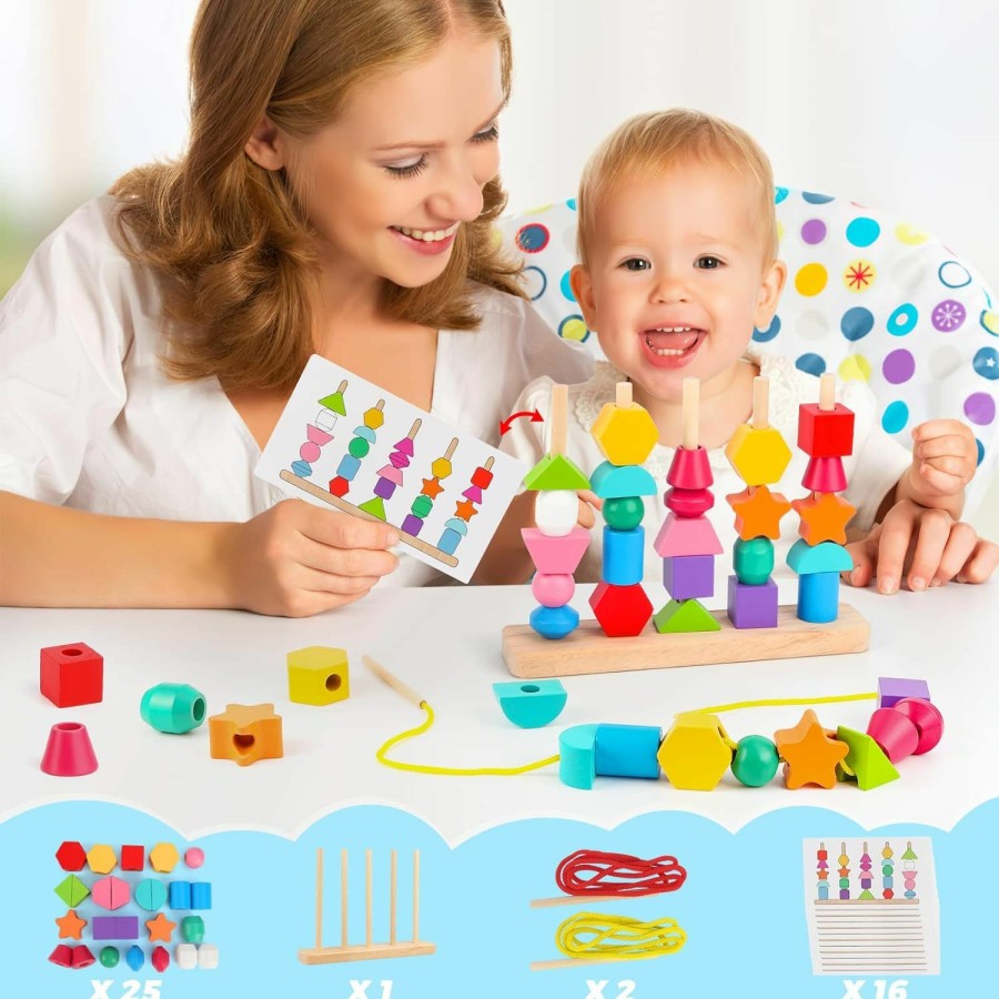 Baby & Toddler Hieoby | Montessori Wooden Beads Sequencing Toy Set, Stacking Blocks & Lacing Beads & Matching Shape Stacker For 2 3 4 5 Year Old Stem Preschool Learning Montessori Toys Gifts For Kids Boy Girl Toddler