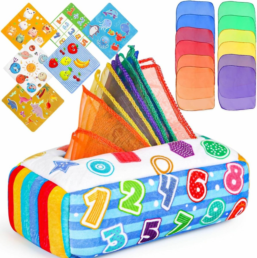 Baby & Toddler Joyreal | Joyreal Baby Tissue Box Toy, Montessori Toys For Baby With 12 Pcs Colorful Washable Cloth Tissues, Early Development Sensory Toys Educational Preschool Learning For Toddlers Infants