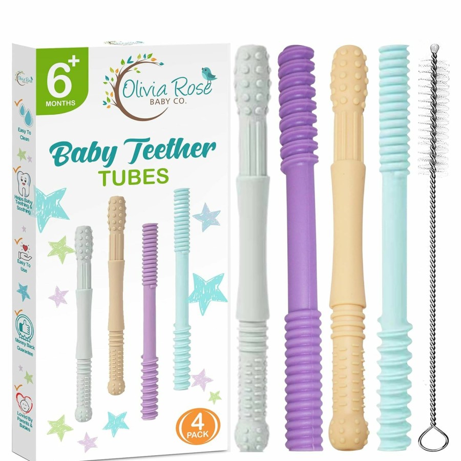 Baby & Toddler Olivia Rose Baby Co. | Soft Hallow Silicone Teething Tubes For Babies, (4 Pack) Baby Teether Tubes Includes Cleaning Brush, Soothing Teether & Flexible Teething Stick Toy For Infants & Toddlers, 100% Safe For Girls & Boys