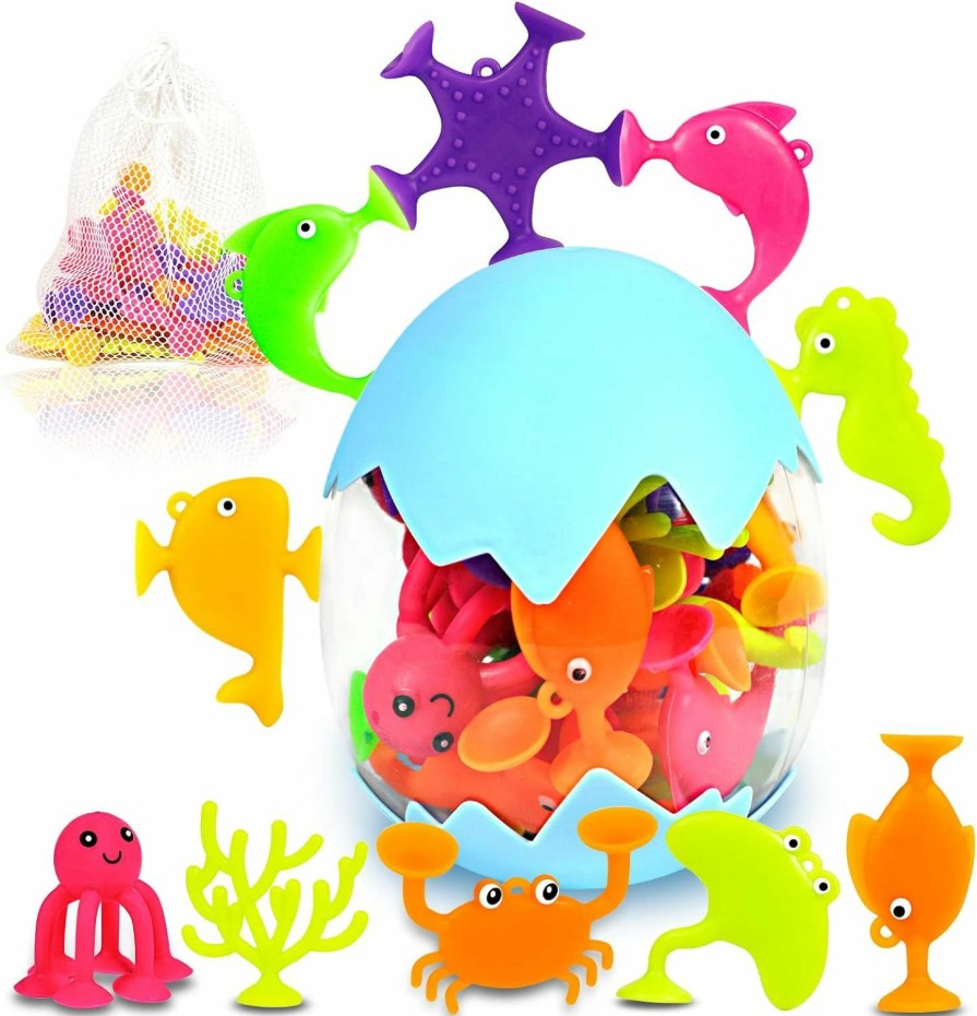 Baby & Toddler Texviko | Suction Bath Toys For Kids, 18 Pcs Silicone Ocean Animal Suction Cup Toys With Eggshell & Bag, No Hole Mold Free Bath Toy, Sensory Window Building Toys For Toddlers Boys Girls 3 4 5 6 Year Old