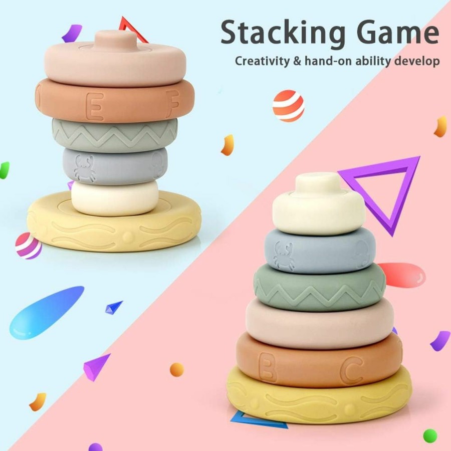 Baby & Toddler Mini Tudou | Mini Tudou 6 Pcs Stacking & Nesting Circle Toy,Soft Building Rings Stacker & Teethers,Squeeze Play With Early Educational Learning Stacking Tower, Best Gift For 6+ Months Boys&Girls