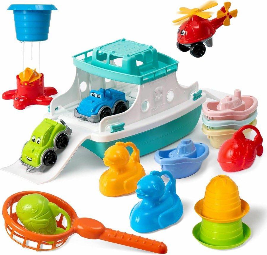 Baby & Toddler utoyz | Ferry Boat Toys Set With Helicopter 2 Cars | Baby Bath Toys For Toddlers With Stacking Cups | Baby Water Toy With Bath Boats Train For Girls And Boys