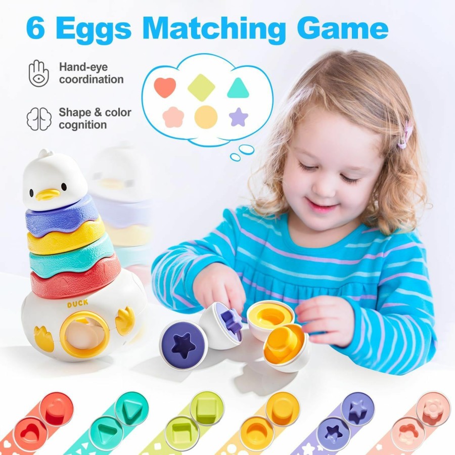 Baby & Toddler WOWOHAGE | Wowohage 3-In-1 Baby Toys 12-18 Months, Stacking Ring Toys For Toddlers 1-3, 6 Pcs Eggs Toy Matching Game Shape Sorter, Roly-Poly Sensory Toys Montessori Early Learning Gifts For Girls Boys