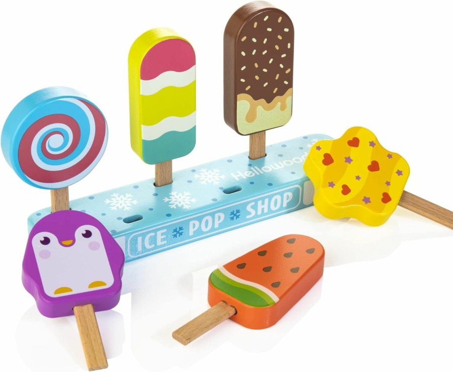 Baby & Toddler HELLOWOOD | Hellowood Wooden Ice Cream Truck, 28 Pcs Magnetic Ice Cream Sweet Treats Pretend Play Food & Accessories, Montessori Sorting & Stacking Toys For Toddler Girls & Boys Age 2-5