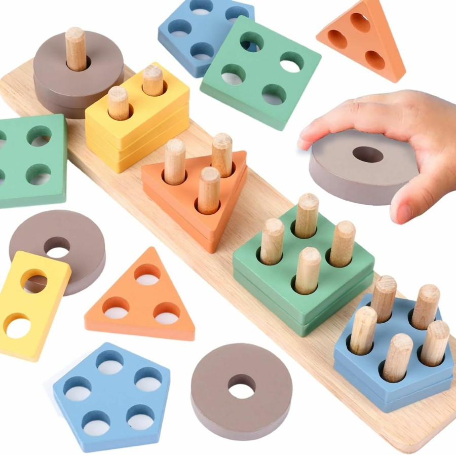 Baby & Toddler AZEN | Azen Montessori Toys For 1 2 3 Year Old Boys Girls, Sensory Toys For Toddlers 1-3, Wooden Sorting & Stacking Toys, Toddler Learning Shape Sorter Educational Toys