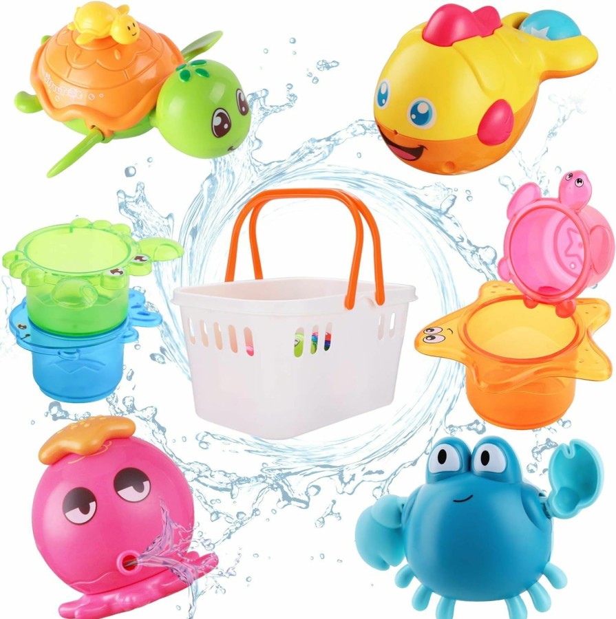 Baby & Toddler iPlay, iLearn | Iplay, Ilearn Baby Bath Toys W/ Organizer, Water Squirting Octopus, Wind Up Swimming Turtle, Bathtub & Shower, Stacking Cups, Gift For 6, 9, 12, 18 Months 1, 2, 3 Years, Toddlers, Girls, Boys & Kids